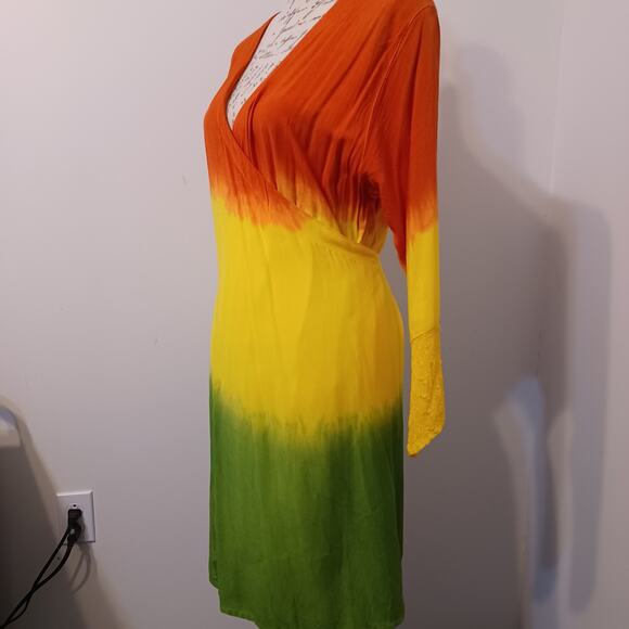 Rainbow Dress ONE SIZE Tie-dye Ombre Wrap Front Cover Up Embroidered Sleeve NEW - Picture 2 of 10